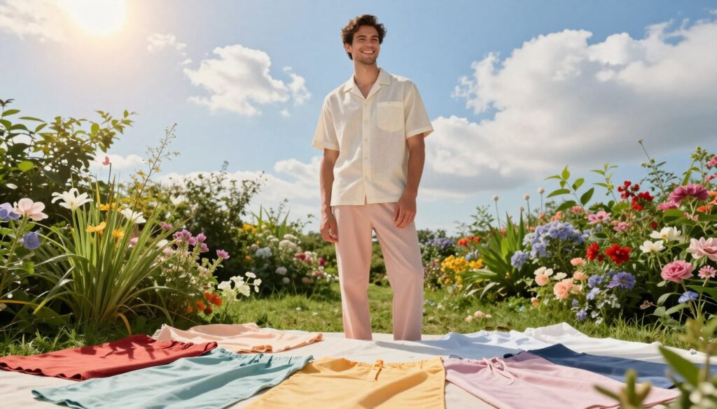 A stylish summer fashion scene featuring a well-dressed man in a light, breathable outfit. He stands confidently with a relaxed smile, wearing pastel-colored trousers and a crisp, short-sleeved shirt in soft, complementary hues. The foreground showcases a variety of colorful summer fabric swatches artistically laid out, symbolizing the concept of mixing and matching colors effortlessly. In the middle ground, vibrant greenery and blossoming flowers create a lively, fresh atmosphere, enhancing the summery vibe. The background features a bright blue sky with soft, fluffy clouds and warm sunlight cascading down, casting gentle shadows. The overall mood is cheerful and inviting, reflecting a sense of style and ease, perfect for a warm summer day. A stylish summer fashion scene featuring a well-dressed man in a light, breathable outfit. He stands confidently with a relaxed smile, wearing pastel-colored trousers and a crisp, short-sleeved shirt in soft, complementary hues. The foreground showcases a variety of colorful summer fabric swatches artistically laid out, symbolizing the concept of mixing and matching colors effortlessly. In the middle ground, vibrant greenery and blossoming flowers create a lively, fresh atmosphere, enhancing the summery vibe. The background features a bright blue sky with soft, fluffy clouds and warm sunlight cascading down, casting gentle shadows. The overall mood is cheerful and inviting, reflecting a sense of style and ease, perfect for a warm summer day.