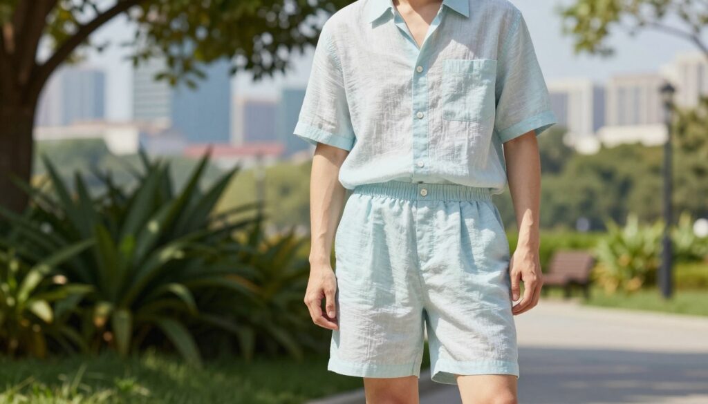 A stylish summer outfit featuring a light muslin shirt and matching shorts, showcasing a soft, breathable fabric that reflects a casual yet elegant aesthetic. The ensemble should emphasize a fresh, airy vibe suitable for warm weather, with the shirt slightly tucked in for a polished look. The foreground includes a model wearing this outfit, standing in a relaxed pose, exuding confidence and comfort. The middle ground presents a lush outdoor setting, possibly a garden or park, with bright sunlight filtering through the leaves, creating soft shadows. The background features a blurred cityscape, suggesting a vibrant summer ambiance. The overall mood is cheerful and fashionable, capturing the essence of effortless summer styling.
