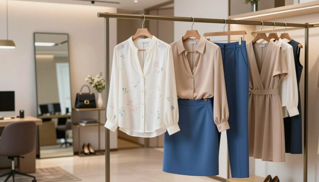 A stylish wardrobe display illustrating various outfit combinations centered on a blue skirt. In the foreground, a well-organized rack showcases two elegant blouses: one in a soft white with subtle floral patterns and another in a neutral beige, both designed to complement the blue skirt. Hanging next to them, a pair of tailored trousers and sophisticated dresses add versatility for day-to-night styling. The middle ground features a well-lit dressing area with a touch of modern decor, including a full-length mirror and chic accessories like a handbag and heels. The background suggests an inviting office space, blending a professional atmosphere with a hint of evening glamour. Soft, warm lighting creates an approachable and stylish mood, perfect for inspiring fashion choices for different occasions. A stylish wardrobe display illustrating various outfit combinations centered on a blue skirt. In the foreground, a well-organized rack showcases two elegant blouses: one in a soft white with subtle floral patterns and another in a neutral beige, both designed to complement the blue skirt. Hanging next to them, a pair of tailored trousers and sophisticated dresses add versatility for day-to-night styling. The middle ground features a well-lit dressing area with a touch of modern decor, including a full-length mirror and chic accessories like a handbag and heels. The background suggests an inviting office space, blending a professional atmosphere with a hint of evening glamour. Soft, warm lighting creates an approachable and stylish mood, perfect for inspiring fashion choices for different occasions.