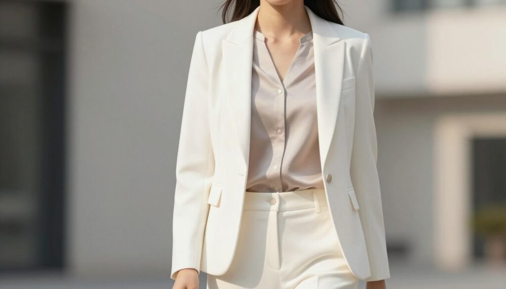 A stylish woman confidently wears an elegant white suit with a tailored blazer and matching trousers, beneath which is a sophisticated blouse. The blouse has a sleek, refined silhouette, featuring subtle textures and soft, muted colors, ensuring it is not sheer and complements the blazer well. She stands against a minimalist, softly blurred urban background that hints at a modern city environment, illuminated by warm, natural daylight. The angle captures her from slightly below, showcasing the smart lines of the outfit while maintaining a professional feel. The overall atmosphere is chic and polished, reflecting a sense of confidence and contemporary fashion. A stylish woman confidently wears an elegant white suit with a tailored blazer and matching trousers, beneath which is a sophisticated blouse. The blouse has a sleek, refined silhouette, featuring subtle textures and soft, muted colors, ensuring it is not sheer and complements the blazer well. She stands against a minimalist, softly blurred urban background that hints at a modern city environment, illuminated by warm, natural daylight. The angle captures her from slightly below, showcasing the smart lines of the outfit while maintaining a professional feel. The overall atmosphere is chic and polished, reflecting a sense of confidence and contemporary fashion.