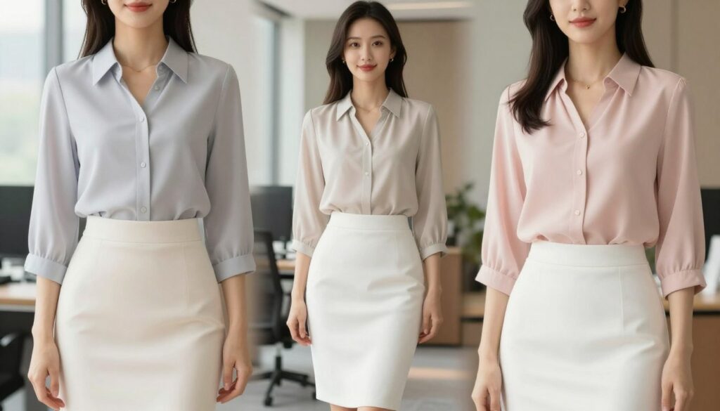 A stylish woman in a professional setting, elegantly pairing a white skirt with various blouse options that illustrate different cuts and proportions. The foreground shows close-ups of blouses in soft fabrics, including a fitted shirt, a flowy top, and a tailored blouse, all in pastel shades to evoke a fresh, light atmosphere. In the middle, the woman stands confidently, showcasing how each blouse complements the white skirt, with her pose reflecting sophistication and poise. The background is softly blurred, featuring a warm-toned office environment with subtle natural light filtering in through large windows, creating an inviting and inspirational mood. The image captures the essence of smart casual fashion while emphasizing appropriate proportions for a polished appearance.