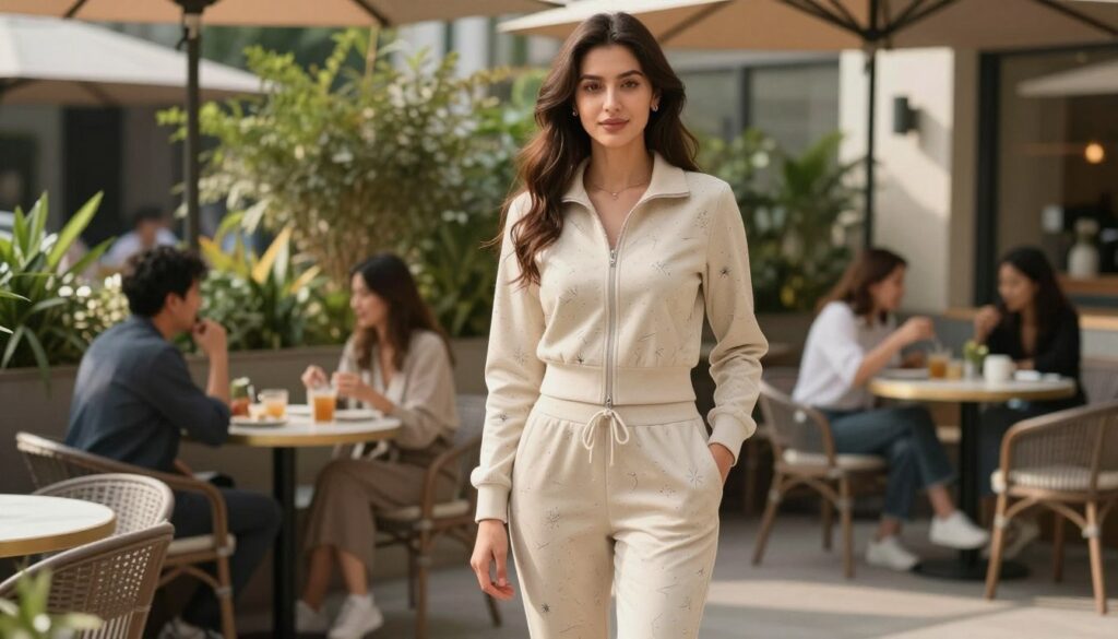 A stylish woman on a casual date, wearing a chic and comfortable feminine tracksuit. The outfit is perfectly fitted, with a stylish cropped jacket and tapered joggers, adorned with subtle patterns. She stands in a modern outdoor setting, perhaps a coffee shop terrace, with soft afternoon sunlight illuminating her features. The background features lush greenery and relaxed patrons enjoying their day, creating an inviting atmosphere. The camera angle is slightly overhead, capturing both her confident pose and the surrounding environment. The overall mood is warm and approachable, conveying a sense of effortless elegance and comfort, suitable for a date.
