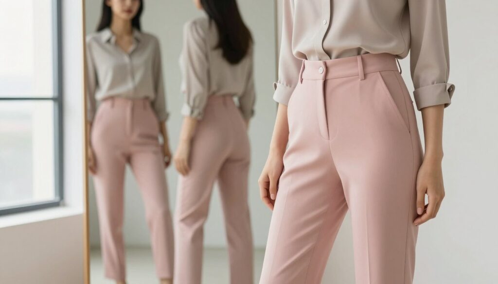 A stylish woman stands in a bright, airy studio, showcasing a pair of tailored pink trousers that symbolize elegance and proportion. She is wearing a fitted, neutral blouse, perfectly complementing the trousers and enhancing the outfit's overall balance. The foreground features her from a dynamic angle, emphasizing the conjunction of the blouse and trousers while allowing for an unobstructed view of the outfit's silhouette. In the middle, a soft-focus mirror reflects the outfit, suggesting a choice of styles. The background is minimalistic and modern, with soft natural light streaming through large windows, creating a serene ambiance that highlights the elegance of fashion proportion. The color palette is warm and inviting, creating a harmonious and sophisticated atmosphere.