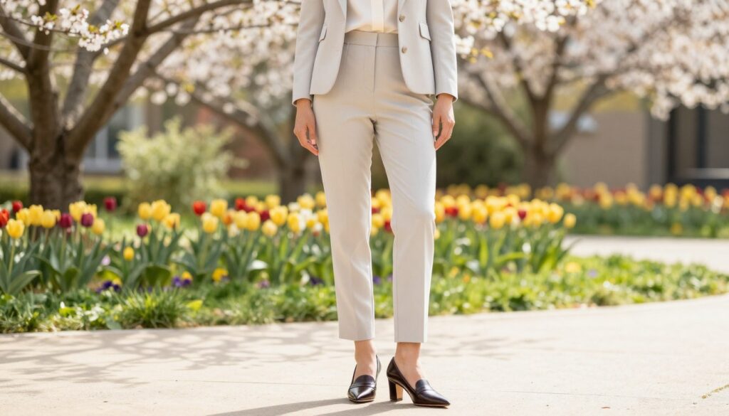 A stylish women’s light-colored suit, elegantly tailored and fitted, showcased in a sophisticated outdoor setting during spring. The foreground features polished, fashionable shoes that complement the suit, such as pointed-toe heels or chic loafers. In the middle, a confident woman stands in a poised position, wearing the garnituru with a soft blouse underneath, exuding elegance and professionalism. The background shows a vibrant garden with blooming flowers and lush greenery, bathed in soft, natural daylight that creates a warm and fresh atmosphere. The camera angle is slightly low, emphasizing the fashion details and the grace of the outfit. This scene conveys an air of sophistication and is perfect for spring and summer fashion discussions. A stylish women’s light-colored suit, elegantly tailored and fitted, showcased in a sophisticated outdoor setting during spring. The foreground features polished, fashionable shoes that complement the suit, such as pointed-toe heels or chic loafers. In the middle, a confident woman stands in a poised position, wearing the garnituru with a soft blouse underneath, exuding elegance and professionalism. The background shows a vibrant garden with blooming flowers and lush greenery, bathed in soft, natural daylight that creates a warm and fresh atmosphere. The camera angle is slightly low, emphasizing the fashion details and the grace of the outfit. This scene conveys an air of sophistication and is perfect for spring and summer fashion discussions.