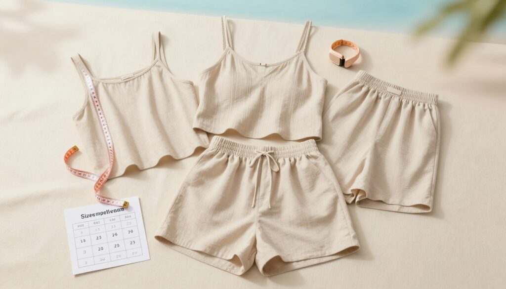 A stylish women’s summer outfit laid out on a soft, neutral-toned fabric background, featuring a matching top and shorts set in airy, breathable fabric. The outfit displays a variety of sizes, arranged creatively to showcase the fit options available. In the foreground, a stylish measuring tape and a small size chart are placed beside the clothing, emphasizing the theme of selection and sizing. The middle ground reveals gentle lighting that highlights the textures of the fabric, giving a fresh summer vibe. The background is soft and blurred with pastel tones reminiscent of a sunny day, creating an inviting atmosphere. The overall mood is casual yet elegant, emphasizing comfort and style appropriate for hot weather. A stylish women’s summer outfit laid out on a soft, neutral-toned fabric background, featuring a matching top and shorts set in airy, breathable fabric. The outfit displays a variety of sizes, arranged creatively to showcase the fit options available. In the foreground, a stylish measuring tape and a small size chart are placed beside the clothing, emphasizing the theme of selection and sizing. The middle ground reveals gentle lighting that highlights the textures of the fabric, giving a fresh summer vibe. The background is soft and blurred with pastel tones reminiscent of a sunny day, creating an inviting atmosphere. The overall mood is casual yet elegant, emphasizing comfort and style appropriate for hot weather.