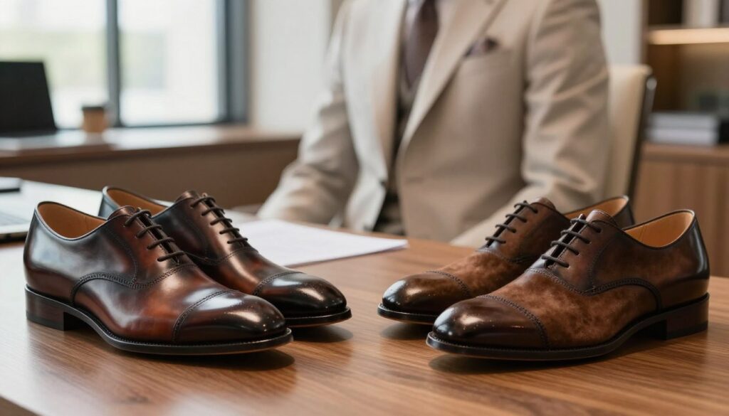 A stylish workspace featuring a close-up view of two types of shoe materials: glossy full-grain leather and soft suede. In the foreground, focus on a pair of elegant shoes made from each material, beautifully crafted with intricate stitching details. The middle ground showcases a tailored light-colored suit jacket draped over a stylish chair, accentuating the business aesthetic. In the background, softly blurred office decor with natural light filtering through a large window, creating a sophisticated ambiance. The overall mood is refined and modern, highlighting the contrast between the sleek shine of leather and the rich texture of suede, ideal for spring and summer fashion. Use a warm lighting setup to enhance the colors and textures, with a slight bokeh effect for added depth. A stylish workspace featuring a close-up view of two types of shoe materials: glossy full-grain leather and soft suede. In the foreground, focus on a pair of elegant shoes made from each material, beautifully crafted with intricate stitching details. The middle ground showcases a tailored light-colored suit jacket draped over a stylish chair, accentuating the business aesthetic. In the background, softly blurred office decor with natural light filtering through a large window, creating a sophisticated ambiance. The overall mood is refined and modern, highlighting the contrast between the sleek shine of leather and the rich texture of suede, ideal for spring and summer fashion. Use a warm lighting setup to enhance the colors and textures, with a slight bokeh effect for added depth.