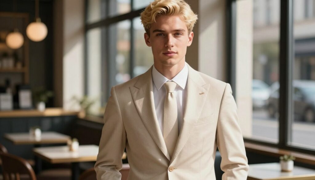 A stylish young man with short blond hair stands confidently in a beige suit, tailored to perfection. The suit features a subtle texture that catches the light, highlighting the elegance of the fabric. He pairs it with a crisp white shirt and a complementary light-colored tie. The foreground focuses on his poised expression and well-groomed appearance, emphasizing his features and natural charm. In the middle ground, a soft-focus café setting adds a casual yet sophisticated atmosphere, with warm sunlight streaming in through large windows, casting gentle shadows. The background reveals a blurred cityscape, enhancing the urban elegance of the scene. The overall mood is bright and inviting, showcasing how soft colors can enhance the beauty of blond individuals without overwhelming their features.