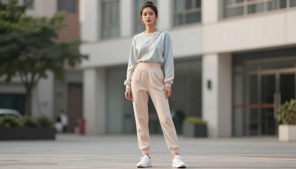 A stylish young woman in a clean girl aesthetic, wearing a fitted, high-waisted tracksuit in pastel tones, stands confidently in an urban setting. The tracksuit is paired with minimalist white sneakers and accessorized with small gold hoop earrings and a sleek crossbody bag. Her hair is pulled back into a neat bun, conveying an effortlessly chic look. The background features a soft-focus city street, with muted colors, hinting at modern architecture and greenery, creating a balanced atmosphere. The lighting is soft and natural, suggesting a late afternoon glow, accentuating the outfit's clean lines and casual elegance. Shot from a slightly low angle to highlight her confident posture, the mood is fresh, trendy, yet approachable, ideal for illustrating the modern way to style casual wear.