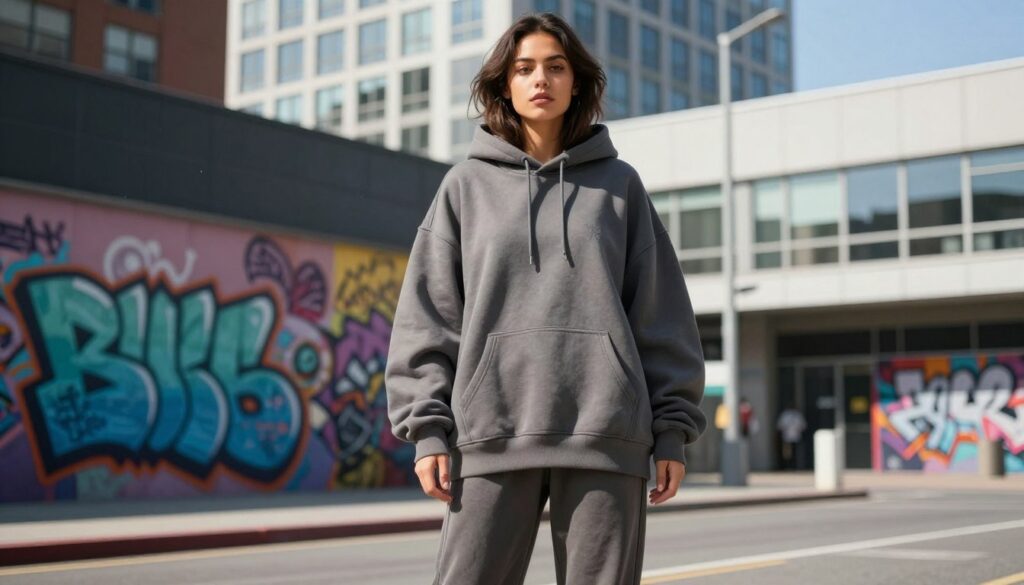 A stylish young woman stands confidently in an urban setting, showcasing an oversized hooded sweatshirt that drapes loosely over her frame, highlighting the relaxed silhouette typical of streetwear fashion. The sweatshirt features a bold, contemporary design, complemented by baggy joggers that enhance the casual vibe. The background presents a vibrant cityscape with graffiti art and modern architecture, creating an energetic atmosphere. Natural daylight bathes the scene, casting soft shadows and enhancing the textures of the clothing. The lens captures a dynamic angle, emphasizing the subject's carefree stance against the urban backdrop, reflecting a blend of comfort and trendiness in contemporary street style. A stylish young woman stands confidently in an urban setting, showcasing an oversized hooded sweatshirt that drapes loosely over her frame, highlighting the relaxed silhouette typical of streetwear fashion. The sweatshirt features a bold, contemporary design, complemented by baggy joggers that enhance the casual vibe. The background presents a vibrant cityscape with graffiti art and modern architecture, creating an energetic atmosphere. Natural daylight bathes the scene, casting soft shadows and enhancing the textures of the clothing. The lens captures a dynamic angle, emphasizing the subject's carefree stance against the urban backdrop, reflecting a blend of comfort and trendiness in contemporary street style.