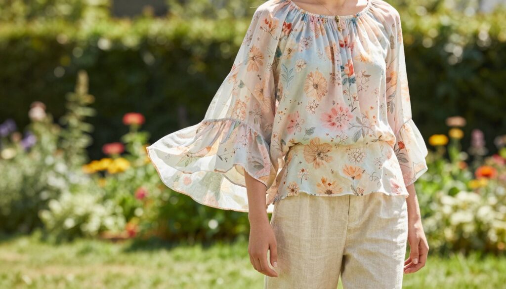 A summer fashion scene featuring a stylish blouse paired with lightweight linen pants in a vibrant outdoor setting. In the foreground, a model wearing a flowy, pastel-colored blouse with delicate floral patterns, complemented by breathable, beige linen trousers. The model stands confidently, exuding a relaxed yet chic aura. In the middle ground, a sunlit garden full of lush greenery enhances the bright atmosphere, with hints of colorful flowers. Soft, natural lighting accentuates the textures of the fabrics and the gentle movement of the blouse in a light breeze. The angle captures both the model and the surrounding beauty, creating an inviting and refreshing summer vibe that embodies harmony with nature. A summer fashion scene featuring a stylish blouse paired with lightweight linen pants in a vibrant outdoor setting. In the foreground, a model wearing a flowy, pastel-colored blouse with delicate floral patterns, complemented by breathable, beige linen trousers. The model stands confidently, exuding a relaxed yet chic aura. In the middle ground, a sunlit garden full of lush greenery enhances the bright atmosphere, with hints of colorful flowers. Soft, natural lighting accentuates the textures of the fabrics and the gentle movement of the blouse in a light breeze. The angle captures both the model and the surrounding beauty, creating an inviting and refreshing summer vibe that embodies harmony with nature.