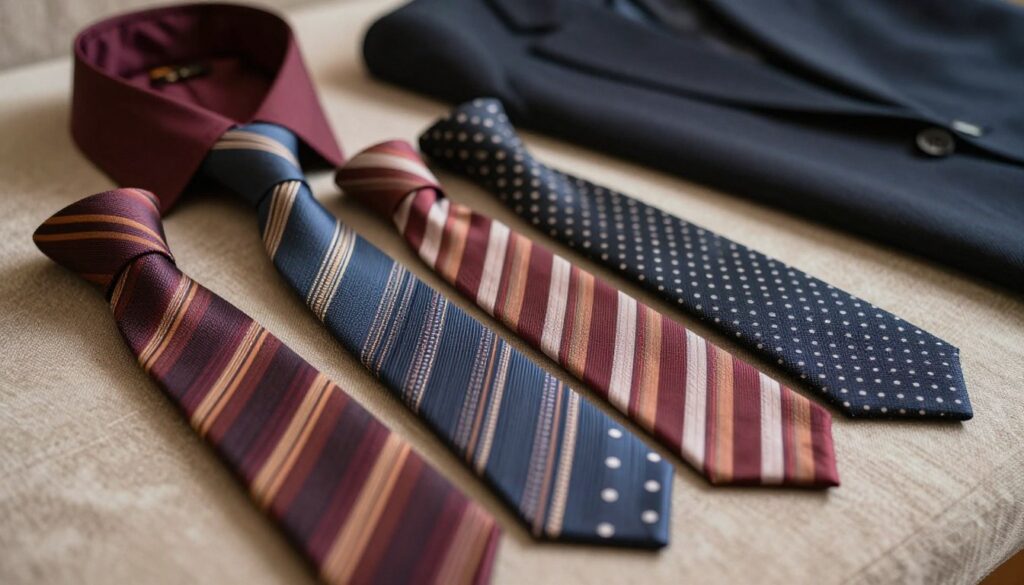 A tailored close-up of a variety of neckties showcasing their widths, laid out neatly on a textured, elegant fabric surface. The ties should include different colors and patterns, including stripes and polka dots, to illustrate options that complement a burgundy shirt. In the background, subtly blurred, a stylish collar and lapel of a blazer is visible, hinting at the perfect proportions needed for an elegant look. Warm, soft lighting highlights the textures of the ties and the fabric, creating an inviting and professional atmosphere. The focus should remain on the ties, emphasizing their widths as a key element in matching styles while avoiding any distractions.