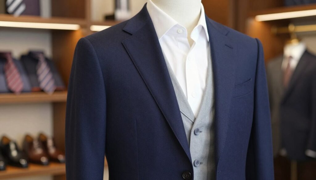 A tailored navy blue blazer, modern yet classic in design, with structured shoulders and a slim fit silhouette. The fabric is a rich wool blend, creating a refined texture. The foreground features a mannequin styled with an elegant, crisp white dress shirt underneath, and a light grey vest, showcasing the blazer open, highlighting its interior lining. In the middle ground, a softly lit showroom setting with wooden accents and sophisticated decor, emphasizing a warm and inviting atmosphere. The background shows blurred gentleman's accessories like ties and shoes on display, adding context without distraction. The lighting is soft and diffused, creating subtle shadows that enhance the contours of the blazer. Capture a sense of contemporary style and confidence suited for a 60-year-old man attending formal occasions. A tailored navy blue blazer, modern yet classic in design, with structured shoulders and a slim fit silhouette. The fabric is a rich wool blend, creating a refined texture. The foreground features a mannequin styled with an elegant, crisp white dress shirt underneath, and a light grey vest, showcasing the blazer open, highlighting its interior lining. In the middle ground, a softly lit showroom setting with wooden accents and sophisticated decor, emphasizing a warm and inviting atmosphere. The background shows blurred gentleman's accessories like ties and shoes on display, adding context without distraction. The lighting is soft and diffused, creating subtle shadows that enhance the contours of the blazer. Capture a sense of contemporary style and confidence suited for a 60-year-old man attending formal occasions.