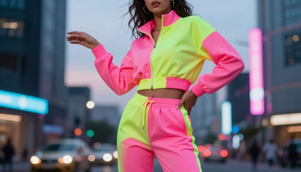 A trendy female figure stands confidently, showcasing a stylish two-piece neon tracksuit in vibrant colors such as electric pink and lime green. The outfit features a cropped jacket with a high collar and sleek joggers, designed to reflect modern urban fashion. The model strikes a dynamic pose, with one hand on her hip and the other extending playfully. The background is a softly blurred cityscape at dusk, illuminated by neon lights that echo the outfit's color palette. Use bright, vibrant lighting to enhance the neon effect, creating a lively atmosphere. Capture the scene from a slightly low angle to emphasize the outfit's boldness and modern appeal while maintaining a professional and chic vibe. A trendy female figure stands confidently, showcasing a stylish two-piece neon tracksuit in vibrant colors such as electric pink and lime green. The outfit features a cropped jacket with a high collar and sleek joggers, designed to reflect modern urban fashion. The model strikes a dynamic pose, with one hand on her hip and the other extending playfully. The background is a softly blurred cityscape at dusk, illuminated by neon lights that echo the outfit's color palette. Use bright, vibrant lighting to enhance the neon effect, creating a lively atmosphere. Capture the scene from a slightly low angle to emphasize the outfit's boldness and modern appeal while maintaining a professional and chic vibe.
