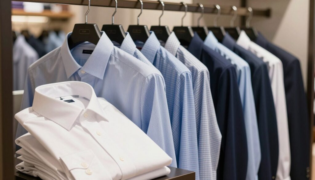 A well-arranged display of various men's shirts showcased on elegant hangers in a stylish retail setting. In the foreground, focus on a neatly folded crisp white dress shirt with subtle texture and sleek buttons, symbolizing quality and sophistication. The middle section features a variety of shirts in different colors and patterns, such as light blue, checkered, and navy, hanging gracefully in an organized manner, suggesting fashion diversity. In the background, cheerful warm lighting creates a welcoming atmosphere, enhancing the luxurious feel of the store. The composition should emphasize the theme of conscious shopping and style selection, with a clean, modern aesthetic. A well-arranged display of various men's shirts showcased on elegant hangers in a stylish retail setting. In the foreground, focus on a neatly folded crisp white dress shirt with subtle texture and sleek buttons, symbolizing quality and sophistication. The middle section features a variety of shirts in different colors and patterns, such as light blue, checkered, and navy, hanging gracefully in an organized manner, suggesting fashion diversity. In the background, cheerful warm lighting creates a welcoming atmosphere, enhancing the luxurious feel of the store. The composition should emphasize the theme of conscious shopping and style selection, with a clean, modern aesthetic.
