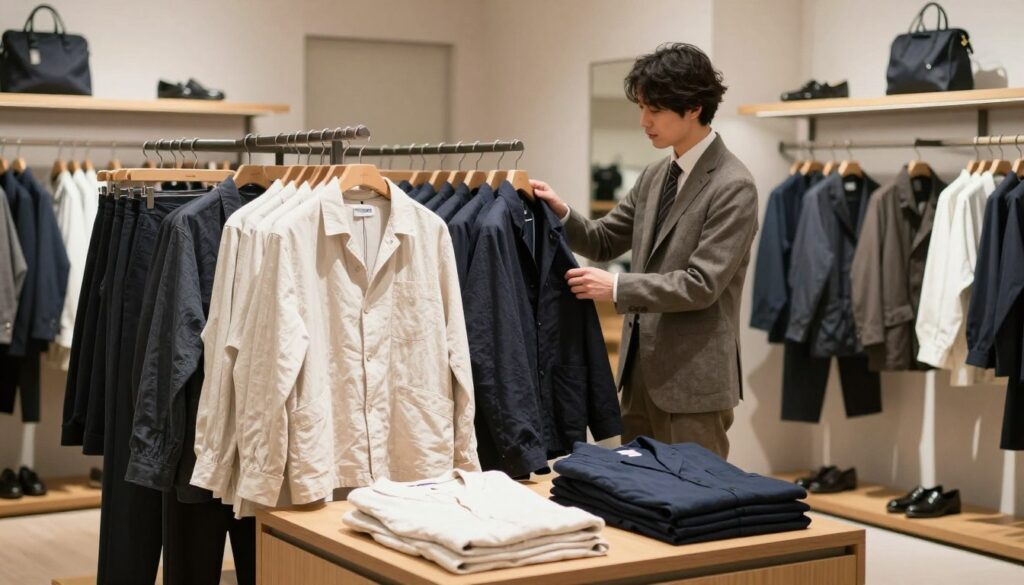 A well-designed, contemporary clothing store showcasing Japanese men's fashion. In the foreground, a neatly arranged display of high-quality, layered outfits emphasizing minimalism, featuring muted colors and natural fabrics like cotton and linen. Soft, ambient lighting highlights the textures of the fabrics, creating a warm and inviting atmosphere. The middle ground shows a stylish male model dressed in an elegant yet casual outfit, examining a jacket with keen interest, wearing modest business attire. In the background, sleek shelves filled with accessories and footwear add to the overall aesthetic. The scene conveys a sense of quality craftsmanship and attention to detail, embodying the essence of Japanese design principles. A well-designed, contemporary clothing store showcasing Japanese men's fashion. In the foreground, a neatly arranged display of high-quality, layered outfits emphasizing minimalism, featuring muted colors and natural fabrics like cotton and linen. Soft, ambient lighting highlights the textures of the fabrics, creating a warm and inviting atmosphere. The middle ground shows a stylish male model dressed in an elegant yet casual outfit, examining a jacket with keen interest, wearing modest business attire. In the background, sleek shelves filled with accessories and footwear add to the overall aesthetic. The scene conveys a sense of quality craftsmanship and attention to detail, embodying the essence of Japanese design principles.