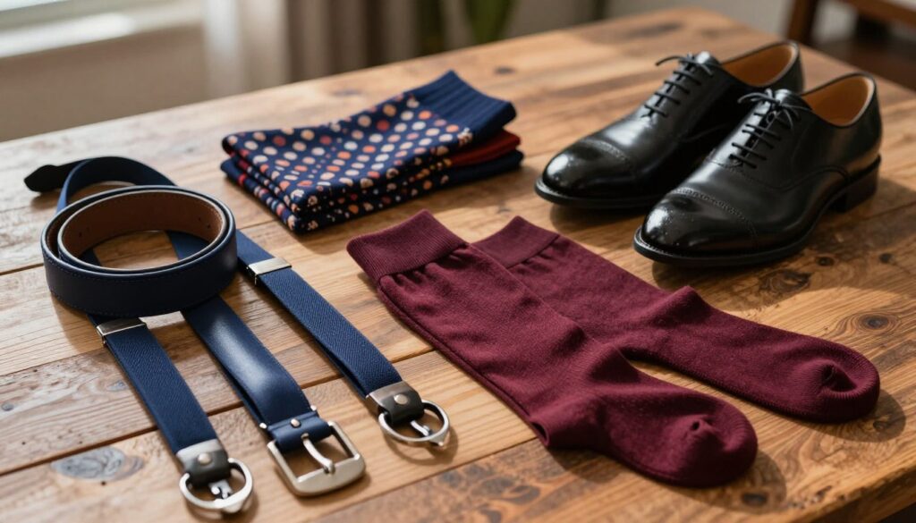 A well-organized flat lay image showcasing stylish men's accessories: elegant suspenders, matching leather belts, vibrant pairs of socks, and polished dress shoes. The foreground features a variety of textures and colors, including a deep navy blue belt and rich burgundy suspenders, creating a sophisticated palette. The middle section includes an assortment of patterned socks, folded neatly beside the shoes, which should be sleek black leather oxfords. The background is softly blurred, depicting a rustic wooden table surface to enhance the cozy, inviting atmosphere. Natural light filters in from the side, creating gentle highlights and shadows that emphasize the accessories' details. The overall mood conveys sophistication and luxury, perfect for a modern man's wardrobe. A well-organized flat lay image showcasing stylish men's accessories: elegant suspenders, matching leather belts, vibrant pairs of socks, and polished dress shoes. The foreground features a variety of textures and colors, including a deep navy blue belt and rich burgundy suspenders, creating a sophisticated palette. The middle section includes an assortment of patterned socks, folded neatly beside the shoes, which should be sleek black leather oxfords. The background is softly blurred, depicting a rustic wooden table surface to enhance the cozy, inviting atmosphere. Natural light filters in from the side, creating gentle highlights and shadows that emphasize the accessories' details. The overall mood conveys sophistication and luxury, perfect for a modern man's wardrobe.