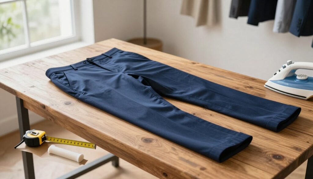 A workspace featuring a tailored pair of suit pants laid flat on a rustic wooden table, highlighting the waistband area where a home alteration method is demonstrated. The pants should appear meticulously pressed, showcasing a faint sheen under natural light streaming in from a large window, enhancing the fabric texture. In the foreground, display everyday household items, such as a tape measure, fabric adhesive, and an iron, implying the DIY approach. The background features neutral-colored walls and subtle decor that suggests a cozy, creative environment. The mood should be inviting yet professional, conveying the idea of practical solutions for suit adjustments without sewing. A workspace featuring a tailored pair of suit pants laid flat on a rustic wooden table, highlighting the waistband area where a home alteration method is demonstrated. The pants should appear meticulously pressed, showcasing a faint sheen under natural light streaming in from a large window, enhancing the fabric texture. In the foreground, display everyday household items, such as a tape measure, fabric adhesive, and an iron, implying the DIY approach. The background features neutral-colored walls and subtle decor that suggests a cozy, creative environment. The mood should be inviting yet professional, conveying the idea of practical solutions for suit adjustments without sewing.