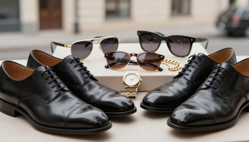 An elegant composition showcasing 1980s men's fashion accessories, featuring polished dress shoes, sophisticated sunglasses, stylish watches, and bold chain necklaces. In the foreground, place a pair of sleek black leather shoes, gleaming under soft, diffused natural light. The middle ground includes a collection of fashionable sunglasses and watches displayed tastefully, with reflections highlighting their shiny surfaces. The background should have a subtle, blurred urban setting to evoke a modern yet classic atmosphere, with warm tones creating an inviting mood. Aim for a sharp focus on the accessories, using a standard lens to capture fine details and textures, while ensuring the entire composition feels cohesive and nostalgic, perfect for illustrating the timeless elegance of the era's style.