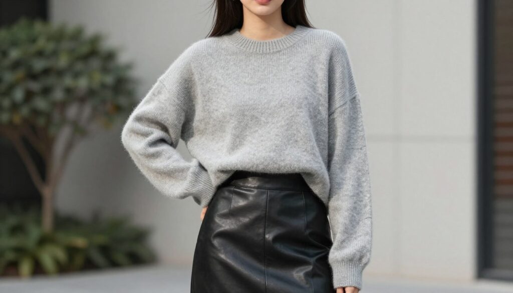 An oversized light gray sweater drapes casually over a model, who is wearing a sleek black leather skirt. The sweater's soft wool texture contrasts with the smooth leather, creating a chic and effortless look. The model stands confidently against a minimalist urban backdrop, featuring soft-focus greenery and subtle brick textures in the background. Natural light illuminates the scene, casting gentle shadows that enhance the sweater's volume while showcasing the outfit's cool, laid-back vibe. The angle captures both the outfit and a hint of the model's expression, conveying a sense of relaxed elegance and modern style that reflects the essence of wearing oversized items without overwhelming the figure. The overall atmosphere is stylish and approachable, perfect for a contemporary fashion article. An oversized light gray sweater drapes casually over a model, who is wearing a sleek black leather skirt. The sweater's soft wool texture contrasts with the smooth leather, creating a chic and effortless look. The model stands confidently against a minimalist urban backdrop, featuring soft-focus greenery and subtle brick textures in the background. Natural light illuminates the scene, casting gentle shadows that enhance the sweater's volume while showcasing the outfit's cool, laid-back vibe. The angle captures both the outfit and a hint of the model's expression, conveying a sense of relaxed elegance and modern style that reflects the essence of wearing oversized items without overwhelming the figure. The overall atmosphere is stylish and approachable, perfect for a contemporary fashion article.
