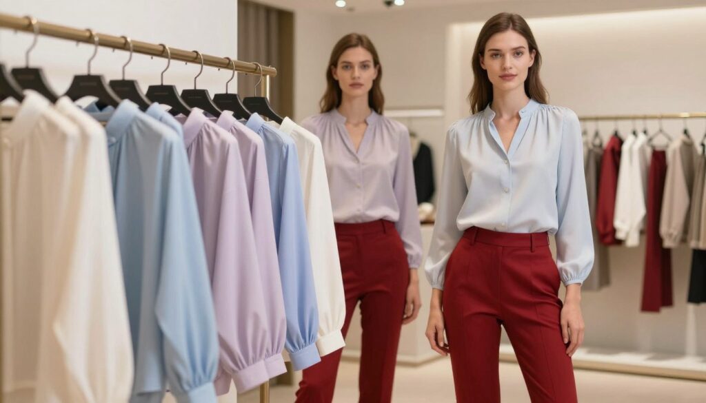Generate a stylish and elegant fashion scene showcasing a variety of blouse designs that complement red trousers. In the foreground, display a selection of blouses in soft, muted colors like pastel blue, lavender, and ivory, emphasizing their gentle textures and flowing fabrics. The middle layer should feature a model wearing one of the blouses, styled modestly with red pants, standing in a relaxed, confident pose. Ensure the model has a professional demeanor, dressed neatly to highlight the blouson effect without being overpowering. In the background, create a softly lit, neutral-tone fashion boutique with subtle clothing displays and gentle lighting that evoke a calm and harmonious atmosphere. Focus the image with a medium lens to achieve a balanced depth of field, making the subject prominent yet approachable.