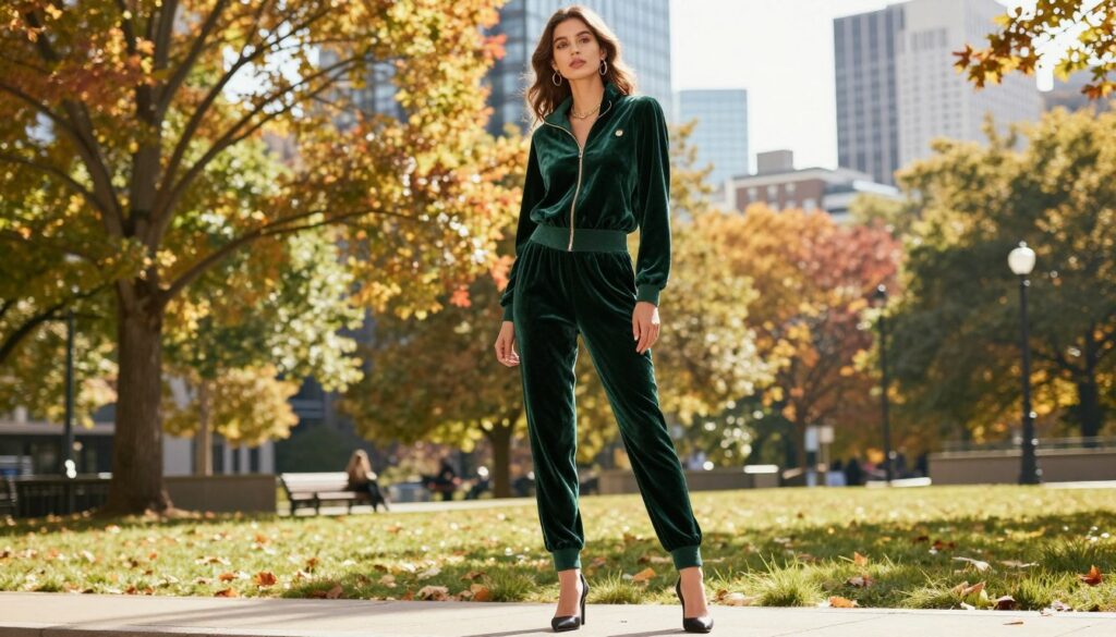 a stylish outdoor scene featuring a fashionable young woman wearing a luxurious green velvet tracksuit, accentuated by chic accessories and elegant footwear. She is standing in a vibrant urban park, surrounded by colorful autumn foliage to enhance the rich green of the fabric. The sunlight filters through the trees, casting a warm and inviting glow on her outfit. In the background, sleek city buildings provide a modern contrast to the natural surroundings. The composition focuses on her confident pose, highlighting the texture of the velvet while maintaining a relaxed, casual atmosphere. The angle is slightly low, emphasizing both her figure and the lush scenery, capturing the essence of daytime elegance and weekend comfort. a stylish outdoor scene featuring a fashionable young woman wearing a luxurious green velvet tracksuit, accentuated by chic accessories and elegant footwear. She is standing in a vibrant urban park, surrounded by colorful autumn foliage to enhance the rich green of the fabric. The sunlight filters through the trees, casting a warm and inviting glow on her outfit. In the background, sleek city buildings provide a modern contrast to the natural surroundings. The composition focuses on her confident pose, highlighting the texture of the velvet while maintaining a relaxed, casual atmosphere. The angle is slightly low, emphasizing both her figure and the lush scenery, capturing the essence of daytime elegance and weekend comfort.
