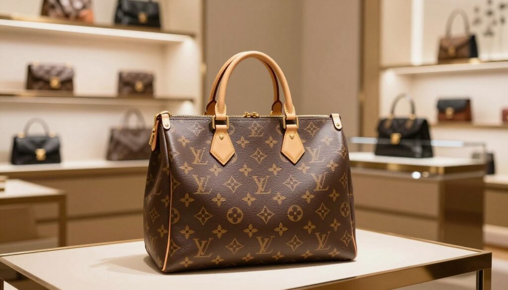 A Luxurious second-hand Louis Vuitton handbag displayed prominently in the foreground, showcasing its intricate monogram pattern and high-quality leather. In the middle, a sophisticated setting resembling a designer boutique with soft lighting that highlights both the handbag and surrounding accessories like other luxury items and elegant displays. In the background, a blurred, stylish shop interior with shelves filled with luxury brands, creating a chic atmosphere. The lighting is warm and inviting, emanating a sense of luxury and exclusivity. Emphasize a professional and polished environment, reflecting the appeal and allure of buying pre-owned luxury goods. No people are included in the image. A Luxurious second-hand Louis Vuitton handbag displayed prominently in the foreground, showcasing its intricate monogram pattern and high-quality leather. In the middle, a sophisticated setting resembling a designer boutique with soft lighting that highlights both the handbag and surrounding accessories like other luxury items and elegant displays. In the background, a blurred, stylish shop interior with shelves filled with luxury brands, creating a chic atmosphere. The lighting is warm and inviting, emanating a sense of luxury and exclusivity. Emphasize a professional and polished environment, reflecting the appeal and allure of buying pre-owned luxury goods. No people are included in the image.
