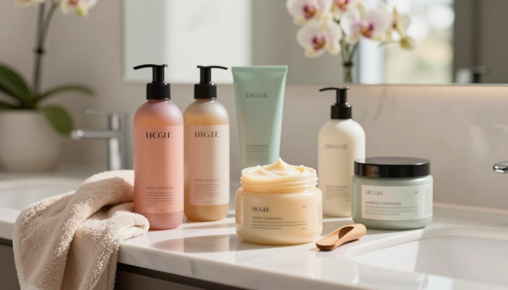 A beautifully arranged collection of hair smoothing treatments, including vibrant bottles of conditioners, creams, and leave-in masks. In the foreground, show a stylish, modern bathroom countertop with a soft, luxurious towel draped beside the products. The middle ground features an open jar of rich, creamy hair mask with a small wooden scoop beside it, inviting the viewer's attention. In the background, soft orchid plants add a touch of elegance, with natural light streaming through a window, casting warm reflections. The atmosphere is serene and inviting, emphasizing beauty and self-care, with a slightly blurred bokeh effect to create a sense of depth. The color palette includes soothing pastels and earthy tones.