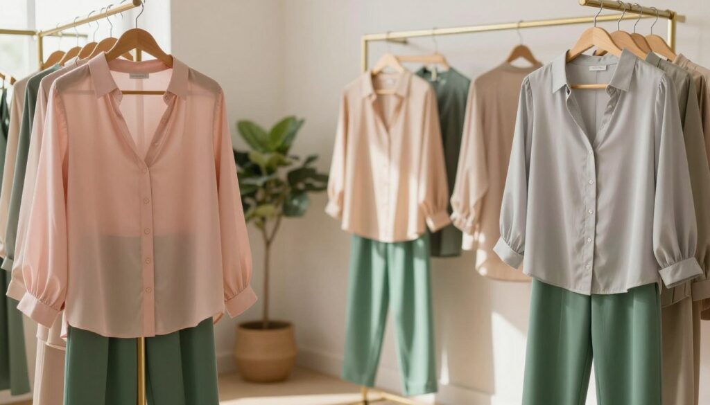 A beautifully arranged display of color combinations that harmonize with green pants, showcasing various blouse styles suitable for diverse occasions. In the foreground, several blouses in muted pastel shades like blush pink, soft beige, and light grey, delicately draped on elegant hangers. The middle ground features a chic, soft-focus backdrop of a stylish dressing room with a mirror and subtle greenery, enhancing the feeling of tranquility. Warm, natural lighting cascades from a nearby window, creating gentle shadows and illuminating the colors. The atmosphere exudes calm and sophistication, inviting viewers to explore the fashion possibilities while emphasizing the importance of cohesive color coordination. A beautifully arranged display of color combinations that harmonize with green pants, showcasing various blouse styles suitable for diverse occasions. In the foreground, several blouses in muted pastel shades like blush pink, soft beige, and light grey, delicately draped on elegant hangers. The middle ground features a chic, soft-focus backdrop of a stylish dressing room with a mirror and subtle greenery, enhancing the feeling of tranquility. Warm, natural lighting cascades from a nearby window, creating gentle shadows and illuminating the colors. The atmosphere exudes calm and sophistication, inviting viewers to explore the fashion possibilities while emphasizing the importance of cohesive color coordination.