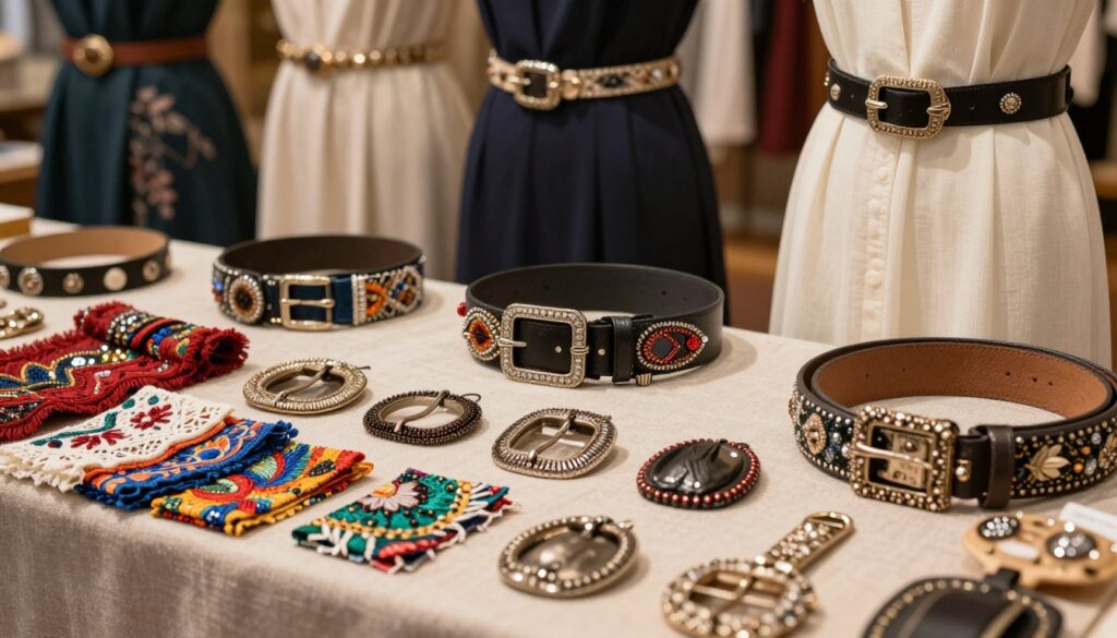 A beautifully arranged display of decorative belt accessories for dresses, focusing on a variety of intricate designs. In the foreground, showcase an assortment of embellished buckles and fabric swatches featuring vibrant patterns and textures—perhaps lace, sequins, and embroidery. The middle layer should include a stylish belt laid out on a neutral fabric background, drawing attention to its unique craftsmanship. In the background, softly blurred elements can include stylish, modestly dressed mannequins wearing dresses adorned with these belts, creating an elegant attire atmosphere. Warm, natural lighting enhances the textures, casting gentle shadows, while a shallow depth of field draws the viewer's focus to the belt decorations, evoking a sense of creativity and sophistication.
