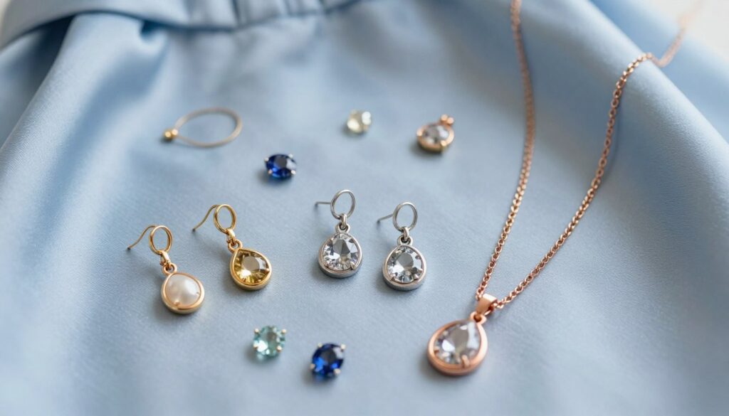 A beautifully arranged flat lay featuring a selection of jewelry made from gold, silver, and rose gold, placed elegantly on a soft blue satin backdrop that complements the theme of a blue dress. In the foreground, showcase delicate earrings and necklaces, glimmering in various styles and finishes, highlighting their unique textures. The middle ground can include small gemstones like sapphires, aquamarines, and other complementary stones, expertly scattered to illustrate options. The background should have a subtle bokeh effect, creating a dreamy atmosphere with soft, diffused lighting that enhances the metallic sheen of the jewelry pieces. The overall mood should be sophisticated and inviting, perfect for a wedding context, evoking a sense of elegance and choice in selecting the right metal for a blue dress.