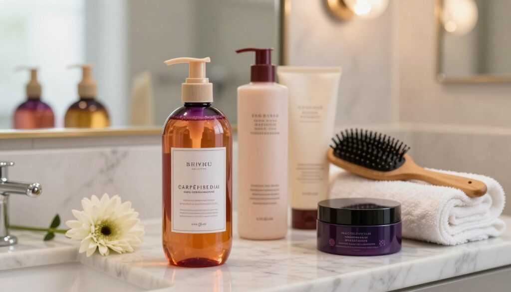 A beautifully arranged scene featuring a selection of hair care products specifically designed for colored hair, including a vibrant shampoo bottle, conditioner, and treatment mask. The foreground showcases the colorful shampoo bottle with an elegant label, placed on a marble countertop, surrounded by fresh flowers and a small mirror reflecting soft natural light. In the middle ground, include a stylish hairbrush and a towel, highlighting a luxurious hair care routine. The background should have a blurred bathroom setting with warm, ambient lighting, creating a relaxing atmosphere. The overall mood should convey a sense of pampering and self-care, appealing to individuals interested in maintaining colored hair effectively. The image should not contain any text or additional elements that distract from the focus on the hair care products. A beautifully arranged scene featuring a selection of hair care products specifically designed for colored hair, including a vibrant shampoo bottle, conditioner, and treatment mask. The foreground showcases the colorful shampoo bottle with an elegant label, placed on a marble countertop, surrounded by fresh flowers and a small mirror reflecting soft natural light. In the middle ground, include a stylish hairbrush and a towel, highlighting a luxurious hair care routine. The background should have a blurred bathroom setting with warm, ambient lighting, creating a relaxing atmosphere. The overall mood should convey a sense of pampering and self-care, appealing to individuals interested in maintaining colored hair effectively. The image should not contain any text or additional elements that distract from the focus on the hair care products.