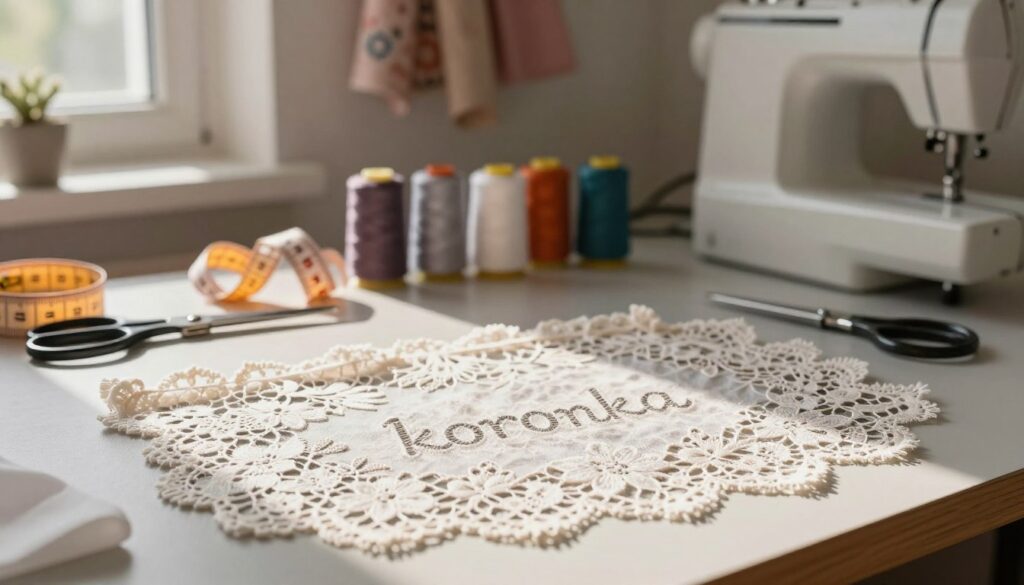 A beautifully arranged sewing workspace featuring a delicate piece of "koronka" lace in the foreground, elegantly laid out on a cutting table. The lace should showcase intricate floral patterns with fine details, softly illuminated by natural sunlight streaming in from a nearby window, casting gentle shadows. In the middle ground, various sewing tools such as scissors, measuring tape, and spools of thread are neatly organized, emphasizing the art of tailoring. The background includes a blurred, cozy room setting with fabric swatches hanging on the wall and a sewing machine, creating a warm and inviting atmosphere. The overall mood is creative and professional, reflecting the precision and aesthetics of tailored clothing. A beautifully arranged sewing workspace featuring a delicate piece of "koronka" lace in the foreground, elegantly laid out on a cutting table. The lace should showcase intricate floral patterns with fine details, softly illuminated by natural sunlight streaming in from a nearby window, casting gentle shadows. In the middle ground, various sewing tools such as scissors, measuring tape, and spools of thread are neatly organized, emphasizing the art of tailoring. The background includes a blurred, cozy room setting with fabric swatches hanging on the wall and a sewing machine, creating a warm and inviting atmosphere. The overall mood is creative and professional, reflecting the precision and aesthetics of tailored clothing.