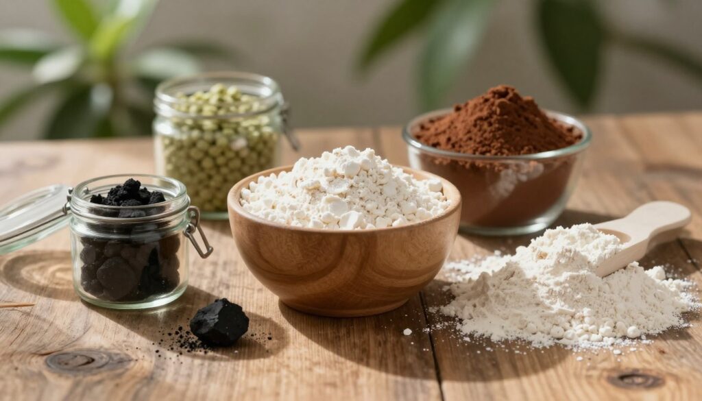 A beautifully arranged still life featuring a variety of natural ingredients substituting dry shampoo, prominently displaying a bowl of cornstarch, a small container of cocoa powder, and a measure of flour. In the foreground, the ingredients are artistically scattered across a rustic wooden table, with a delicate glass jar holding a small lump of activated charcoal nearby. The background softly blurred displays soothing plants that suggest freshness, with warm, natural light casting gentle shadows. The composition evokes a calm and inviting atmosphere, ideal for readers seeking quick hair-refreshing solutions. The camera angle is slightly above eye level, providing a clear focus on the ingredients while maintaining a warm, homely feel.