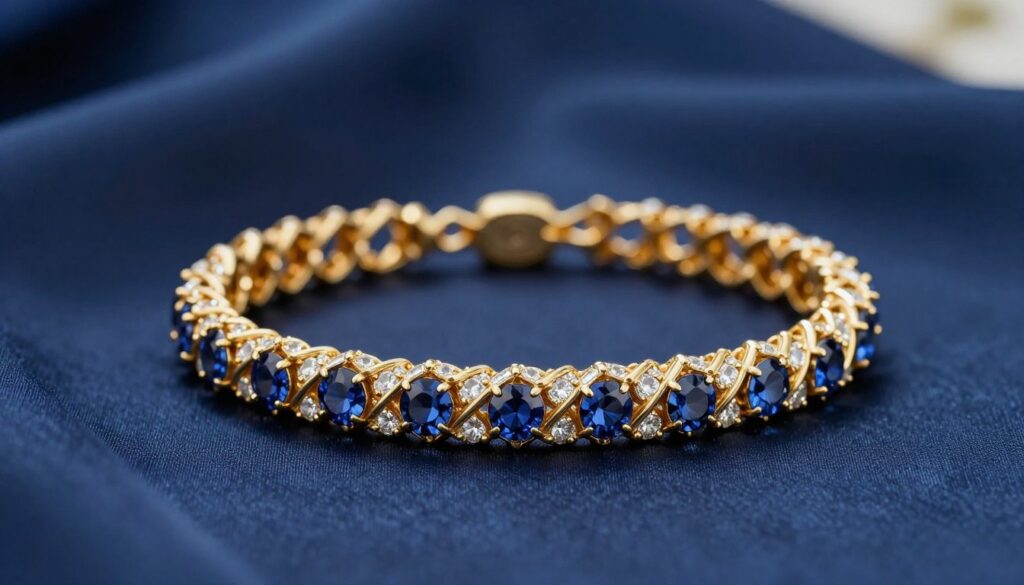 A beautifully crafted gold bracelet adorned with delicate gemstones, intricately woven into a design that speaks elegance and refinement. The bracelet is displayed prominently in the foreground, with a soft, diffused light highlighting its shimmering surfaces and rich color of the gemstones, such as deep blue sapphires or sparkling clear diamonds. In the background, a faint blur of rich blue fabric drapes softly, hinting at a stylish blue dress. The composition is shot with a shallow depth of field, creating an intimate and luxurious atmosphere. The overall mood is sophisticated, inviting the viewer to appreciate the subtle beauty of the jewelry as the finishing touch to an elegant look for a wedding.
