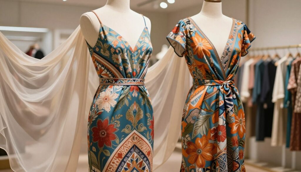 A beautifully designed dress showcasing elegant patterns and vibrant colors that flatter various body shapes. The foreground features the dress displayed on a stylish mannequin, adorned with intricate floral and geometric patterns, emphasizing a sleek silhouette. In the middle ground, delicate fabric textures, such as silk and chiffon, catch the light, showcasing their quality and flow. The background features a soft, blurred scene of a boutique with warm, natural lighting that creates an inviting atmosphere. The overall mood is sophisticated and creative, highlighting the power of color and pattern in fashion design. Capture this image from an eye-level angle, allowing viewers to appreciate the dress's details and its relationship to body shapes without including any people or text.