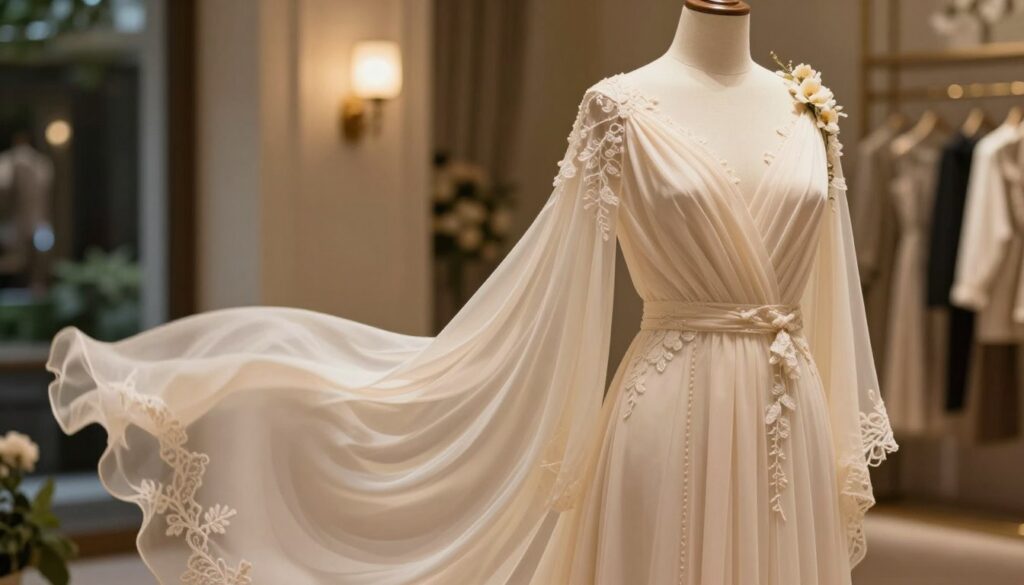 A beautifully draped evening dress made of luxurious fabric, featuring soft layers that flow gracefully. The foreground highlights intricate details of the gown's neckline and sleeves, showcasing delicate lace embellishments and fine stitching. In the middle ground, a warm, inviting atmosphere is created with a softly lit scene, where the dress is showcased on a tailored mannequin adorned with tasteful floral accents. The background suggests an elegant setting, perhaps a stylish boutique or a refined garden, with blurred soft colors to enhance the focus on the dress. The lighting is warm and diffused, creating an intimate ambiance that evokes sophistication and comfort, suitable for a long evening at a wedding celebration.