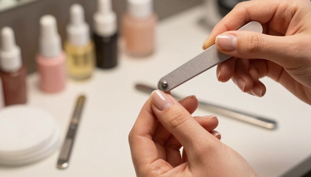 A beautifully lit, close-up image of a hand gently filing oval-shaped nails with a professional nail file. The foreground captures the elegant hand with well-groomed fingers applying careful technique to shape the nails into an oval form. The nail files are displayed prominently, featuring one that is slightly worn and another pristine, emphasizing the importance of proper tools. In the middle, a soft-focus background reveals a clean, organized workspace lined with various manicure supplies like cuticle oil and cotton pads, adding depth to the scene. The lighting is warm and inviting, highlighting the natural skin tones and the sheen of polished nails, creating a serene and focused atmosphere for nail care. The angle of the shot showcases the meticulous process of nail shaping without any distractions.