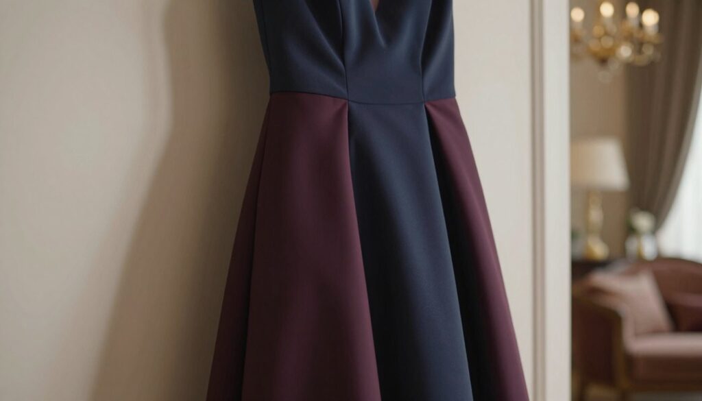 A beautifully styled scene featuring a formal dress in rich, darker hues, such as deep navy blue or burgundy, hanging elegantly against a soft, neutral-toned wall. In the foreground, the focus is on the intricate details of the dress's fabric, showcasing delicate textures and flattering silhouettes. In the middle ground, a subtle arrangement of elegant accessories, like a pearl necklace and matching earrings, complements the dress. The background features softly blurred elements of a cozy, elegant room, perhaps with hints of elegant decor that enhance the atmosphere of sophistication. Warm, natural lighting washes over the scene, casting gentle shadows that create depth and a sense of refined elegance. The overall ambiance is serene and inviting, perfect for a formal occasion like a baptism. A beautifully styled scene featuring a formal dress in rich, darker hues, such as deep navy blue or burgundy, hanging elegantly against a soft, neutral-toned wall. In the foreground, the focus is on the intricate details of the dress's fabric, showcasing delicate textures and flattering silhouettes. In the middle ground, a subtle arrangement of elegant accessories, like a pearl necklace and matching earrings, complements the dress. The background features softly blurred elements of a cozy, elegant room, perhaps with hints of elegant decor that enhance the atmosphere of sophistication. Warm, natural lighting washes over the scene, casting gentle shadows that create depth and a sense of refined elegance. The overall ambiance is serene and inviting, perfect for a formal occasion like a baptism.