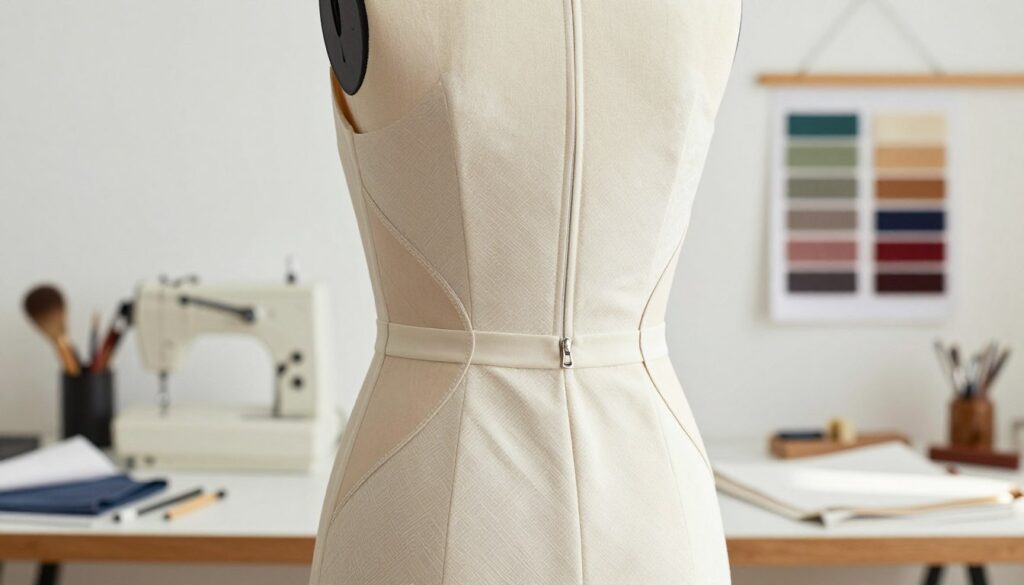 A beautifully tailored close-up of a dress with a back zipper, showcasing exquisite side inserts that seamlessly enhance the silhouette. The dress is elegantly designed, featuring a combination of soft fabric and sophisticated patterns, placed on a tasteful dress form in a bright, airy studio. The background contains subtle details of an upscale workshop with sewing tools neatly organized and fabric swatches artfully arranged. The lighting is soft and diffused, casting gentle shadows that highlight the dress's contours and the craftsmanship of the side inserts. The overall atmosphere conveys a sense of artistry and refinement, appealing to those seeking to appreciate meticulous alterations that elevate everyday fashion to atelier-quality elegance.