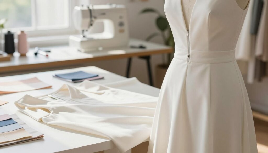 A beautifully tailored dress displayed prominently in the foreground, showcasing a back zipper with an innovative widening technique that adds extra room gracefully. The dress is styled on a mannequin or laid flat, emphasizing the elegant, flowing fabric. In the middle ground, a bright, well-organized sewing workspace is visible, with sewing tools and swatches of fabric neatly arranged, hinting at the creative process. The background features soft, natural lighting coming from a nearby window, casting gentle shadows, which enhances the airy and relaxed atmosphere of a home sewing studio. The mood is inspiring and inviting, suggesting quick, aesthetic solutions for dress alterations without the need for extensive sewing.