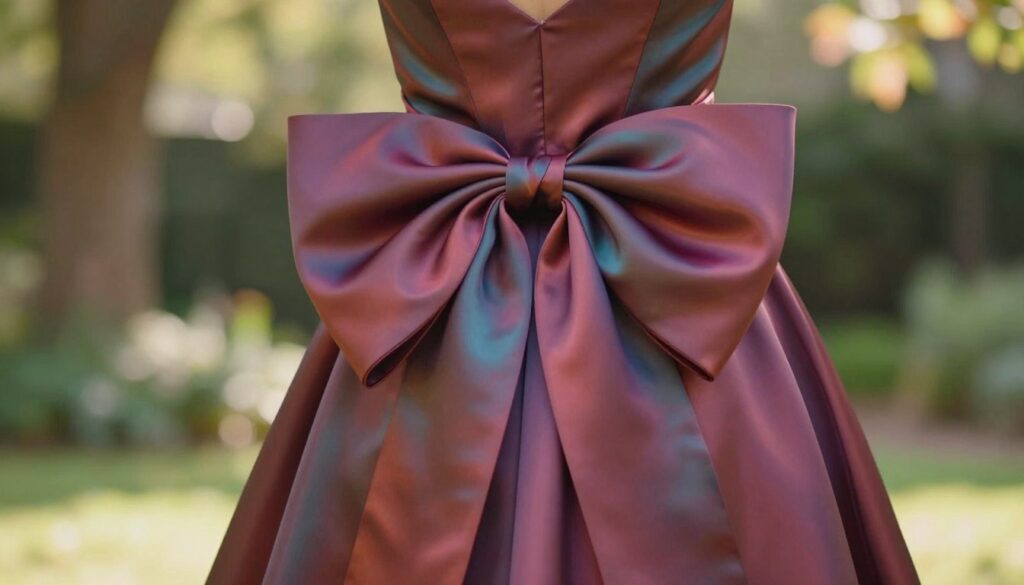 A beautifully tied bow on a stylish dress, showcasing intricate details and vibrant fabric textures. The foreground features an elegant bow, perfectly centered and slightly oversized, made of luxurious satin in a rich jewel tone. The middle ground reveals the dress, elegantly draped, with the bow securely tied around the waist, capturing motion as if the fabric is gently swaying. The background is a soft, blurred garden scene with dappled sunlight filtering through trees, creating an inviting and warm atmosphere. The lighting is soft and natural, suggesting an outdoor setting, with a focus on the craftsmanship of the bow. The angle is slightly above eye level to emphasize the bow's prominence, enhancing the allure of a day-long wear. A beautifully tied bow on a stylish dress, showcasing intricate details and vibrant fabric textures. The foreground features an elegant bow, perfectly centered and slightly oversized, made of luxurious satin in a rich jewel tone. The middle ground reveals the dress, elegantly draped, with the bow securely tied around the waist, capturing motion as if the fabric is gently swaying. The background is a soft, blurred garden scene with dappled sunlight filtering through trees, creating an inviting and warm atmosphere. The lighting is soft and natural, suggesting an outdoor setting, with a focus on the craftsmanship of the bow. The angle is slightly above eye level to emphasize the bow's prominence, enhancing the allure of a day-long wear.