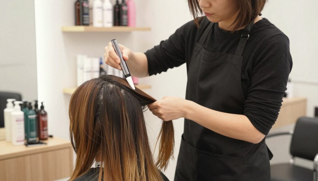 A bright and airy hair salon setting, showcasing a professional hair stylist gently applying a hair lightening product to a client's hair. The stylist, dressed in a stylish, modest black apron, focuses intently on the process, demonstrating proper technique. Soft, diffused lighting creates a warm and inviting atmosphere, illuminating the client's hair as it transforms to a lighter shade with natural highlights. In the background, shelves with a variety of hair care products and tools can be seen, enhancing the salon environment. The image captures a feeling of serenity and professionalism, emphasizing the importance of safe hair lightening practices. The composition is framed to highlight the interaction, drawing attention to the meticulous care being taken during the treatment.