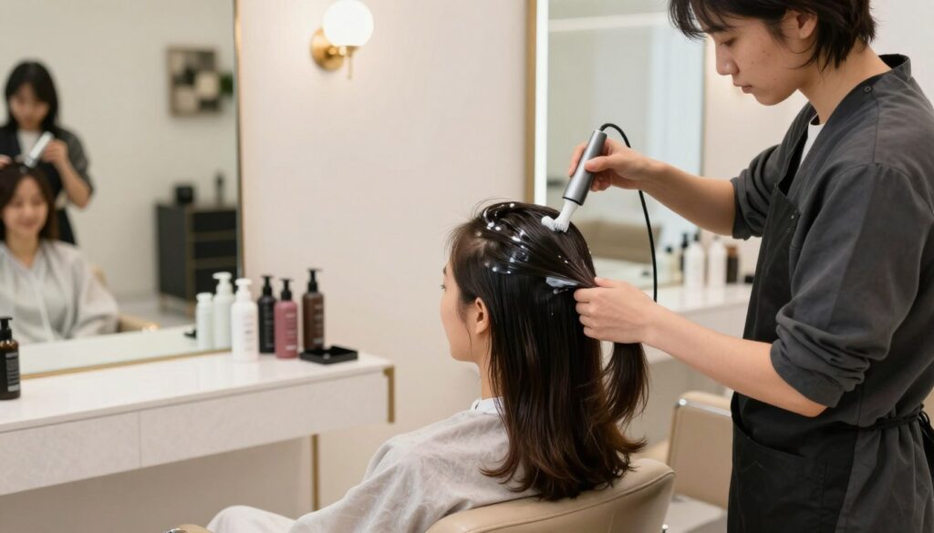 A bright and modern hair salon interior, showcasing a professional stylist performing a hair botox treatment on a client. In the foreground, a focused stylist in smart casual attire applies a serum to the client's hair with a carefully designed applicator. The client, with shoulder-length hair, sits in a comfortable salon chair, appearing relaxed and pleased. In the middle ground, hair products and tools are neatly organized on a counter, with soft, natural lighting illuminating the scene to create an inviting atmosphere. The background features a stylish mirror reflecting the salon's chic decor. The mood is professional yet soothing, emphasizing the transformative effects of the hair botox procedure. The angle captures both the client and stylist, providing a clear view of the process.