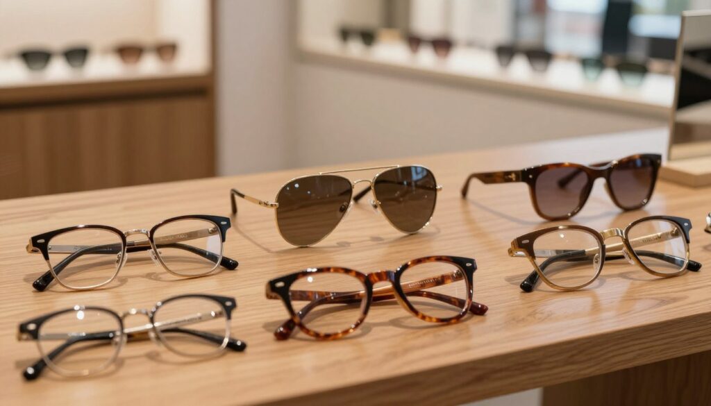 A chic collection of classic eyeglass frames prominently displayed on a wooden table, showcasing three stylish shapes: elegant rectangular frames, iconic aviators, and trendy cat-eye designs. Each pair is crafted from high-quality materials, with rich colors and textures highlighted under soft, warm lighting. In the background, a blurred modern eyewear boutique setting conveys a sense of fashion. The foreground focuses on the intricate details of the frames, such as the sleek lines and unique patterns. A faint reflection of soft natural light adds depth to the scene, creating a sophisticated and inviting atmosphere, perfect for illustrating timeless fashion statements. A chic collection of classic eyeglass frames prominently displayed on a wooden table, showcasing three stylish shapes: elegant rectangular frames, iconic aviators, and trendy cat-eye designs. Each pair is crafted from high-quality materials, with rich colors and textures highlighted under soft, warm lighting. In the background, a blurred modern eyewear boutique setting conveys a sense of fashion. The foreground focuses on the intricate details of the frames, such as the sleek lines and unique patterns. A faint reflection of soft natural light adds depth to the scene, creating a sophisticated and inviting atmosphere, perfect for illustrating timeless fashion statements.
