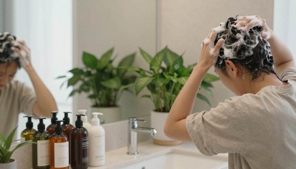 A clean, modern bathroom environment with soft, natural lighting illuminating a person (gender-neutral, wearing modest casual clothing) gently massaging shampoo into their scalp while standing in front of a large mirror. In the foreground, include a variety of hair care products placed neatly on a stone countertop, showcasing bottles for hair loss, scalp irritation, and oily hair treatments. In the middle, depict lush green plants to evoke a sense of freshness and care. The background should have soft, calming tones to create a tranquil atmosphere, inviting viewers to consider the importance of proper hair washing frequency. The angle should be slightly tilted to subtly focus on the person's hands and hair, emphasizing the self-care aspect of hair washing.