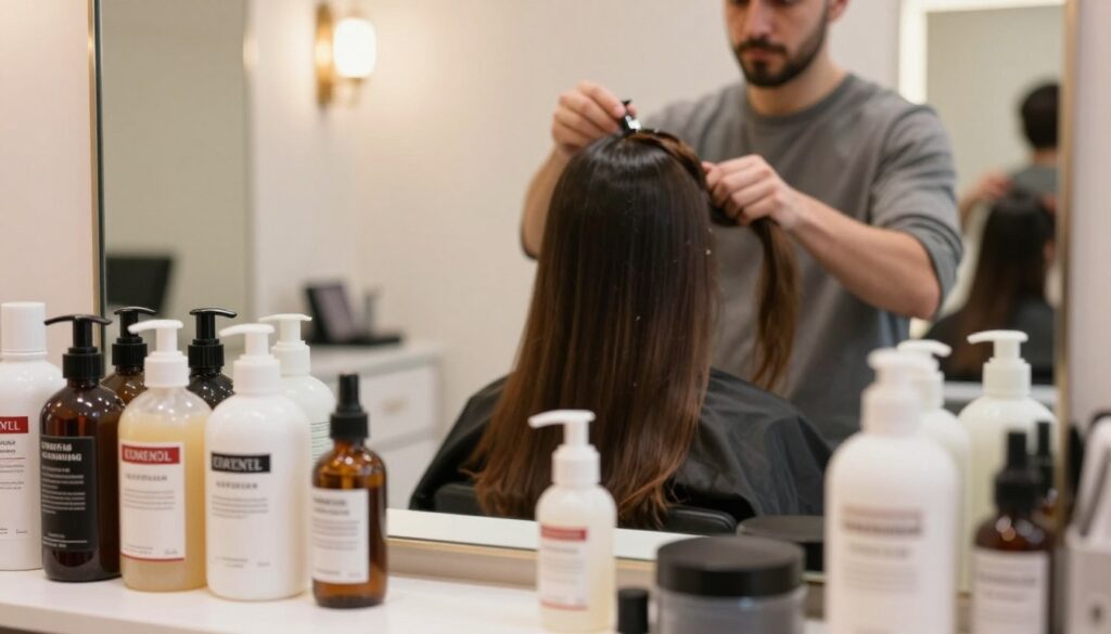 A clinical setting depicting a close-up view of various hair treatments related to the phenomenon of hair curling. In the foreground, an assortment of medical bottles, treatments, and hair products are artfully arranged, showcasing their labels while emphasizing organization. In the middle ground, a professional hair stylist in modest casual attire examines a client's straight hair, which shows subtle signs of curling. The background features an elegant salon with soft, ambient lighting that creates a calm atmosphere. A sleek mirror reflects the stylists’ focused expressions, enhancing the mood of expertise and care. The composition is shot from a slightly elevated angle, giving depth and context to the ongoing treatment process. A clinical setting depicting a close-up view of various hair treatments related to the phenomenon of hair curling. In the foreground, an assortment of medical bottles, treatments, and hair products are artfully arranged, showcasing their labels while emphasizing organization. In the middle ground, a professional hair stylist in modest casual attire examines a client's straight hair, which shows subtle signs of curling. The background features an elegant salon with soft, ambient lighting that creates a calm atmosphere. A sleek mirror reflects the stylists’ focused expressions, enhancing the mood of expertise and care. The composition is shot from a slightly elevated angle, giving depth and context to the ongoing treatment process.