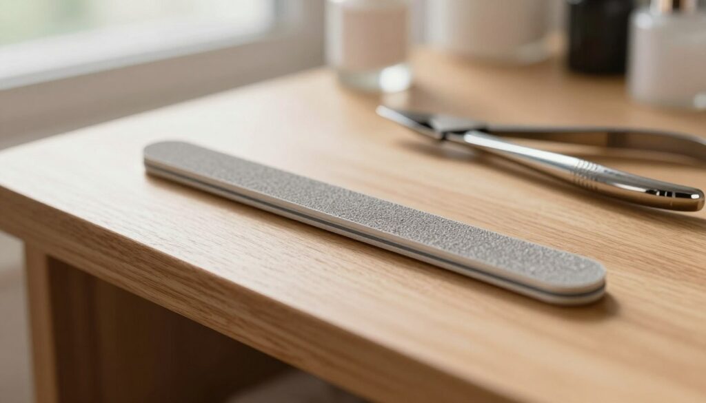 A close-up and detailed view of a high-quality nail file (pilnik) resting on a wooden nail care workstation. The file should be elegantly designed, perhaps with a sleek glass or metal finish, showcasing its grit texture. In the background, soft-focused tools like a cuticle pusher and nail clippers add to the scene, emphasizing a tidy nail care setup. Natural light filters through a nearby window, casting a warm and inviting glow on the workspace, enhancing the atmosphere of relaxation and self-care. The image should be captured at a slight angle, bringing the pilnik into sharp focus, while the background tools blur slightly to highlight the main subject. Overall, the mood should be calm, professional, and inviting, perfect for an informative article segment about nail care tools.
