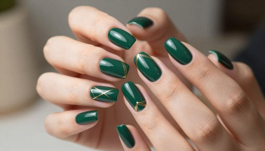 A close-up composition of elegantly manicured nails featuring a deep bottle green base color. The nails are adorned with delicate gold accents, including intricate geometric patterns and fine lines that shimmer in the light. The scene is set against a soft, muted background that highlights the luxurious feel of the manicure, perhaps with blurred hints of a stylish, modern setting. Warm, natural lighting emphasizes the richness of the green and the gleam of the gold, creating an inviting atmosphere. The overall mood conveys sophistication and elegance, ideal for showcasing classic color pairings that complement bottle green, reinforcing a sense of timeless style.