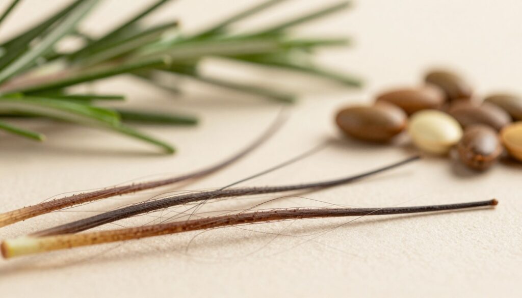 A close-up image focusing on weak hair follicles, depicted with detailed textures and colors. In the foreground, highlight the hair follicles with visible signs of weakness, such as thinning and reduced vitality, placed against a light background to enhance visibility. In the middle, include a selection of hair strands, some healthy and some weak, illustrating the contrast. The background should feature soft-focus botanical elements like rosemary and biotin-rich foods, symbolizing natural remedies for hair strength. Use natural lighting to create a warm, inviting atmosphere, with a shallow depth of field to emphasize the foreground details. The composition should convey a sense of professionalism and calm, suitable for an informative article. A close-up image focusing on weak hair follicles, depicted with detailed textures and colors. In the foreground, highlight the hair follicles with visible signs of weakness, such as thinning and reduced vitality, placed against a light background to enhance visibility. In the middle, include a selection of hair strands, some healthy and some weak, illustrating the contrast. The background should feature soft-focus botanical elements like rosemary and biotin-rich foods, symbolizing natural remedies for hair strength. Use natural lighting to create a warm, inviting atmosphere, with a shallow depth of field to emphasize the foreground details. The composition should convey a sense of professionalism and calm, suitable for an informative article.