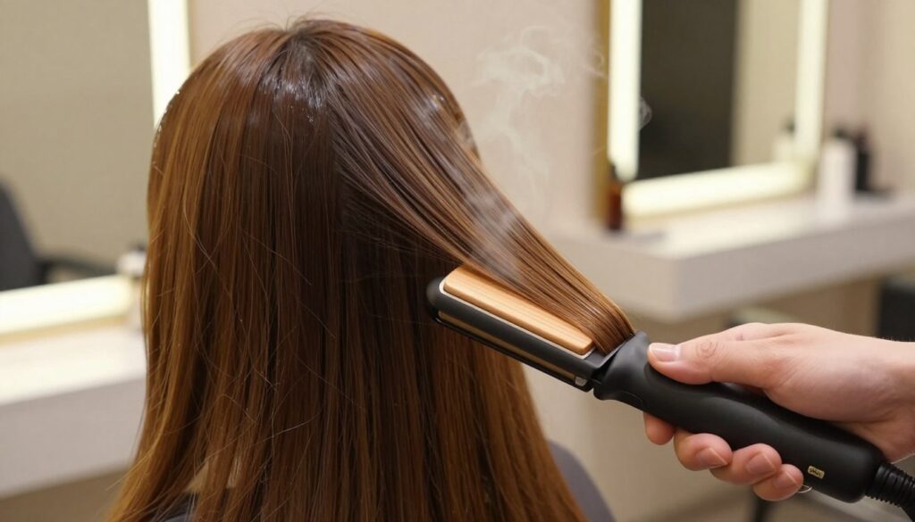A close-up image of a hair straightening technique being demonstrated on healthy, shiny hair. The foreground features a hand holding a professional-grade hair straightener, showcasing its sleek design and ceramic plates. In the middle ground, strands of hair are being gently pressed between the plates, highlighting the smooth texture and shine, with a small amount of steam rising to indicate heat. The background is softly blurred to include a modern, well-lit beauty salon with elegant decor. The lighting is warm and inviting, enhancing the rich colors of the hair. The atmosphere is calm and professional, emphasizing the importance of careful hair styling techniques that minimize damage. A close-up image of a hair straightening technique being demonstrated on healthy, shiny hair. The foreground features a hand holding a professional-grade hair straightener, showcasing its sleek design and ceramic plates. In the middle ground, strands of hair are being gently pressed between the plates, highlighting the smooth texture and shine, with a small amount of steam rising to indicate heat. The background is softly blurred to include a modern, well-lit beauty salon with elegant decor. The lighting is warm and inviting, enhancing the rich colors of the hair. The atmosphere is calm and professional, emphasizing the importance of careful hair styling techniques that minimize damage.